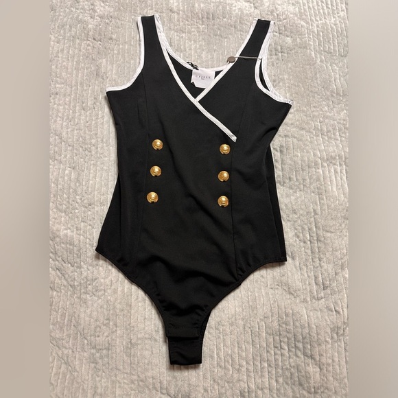 ! GAëLLE Paris‎ One-piece swimsuit Black White Trim Gold Buttons NWT (A0269 B2) - Picture 1 of 10